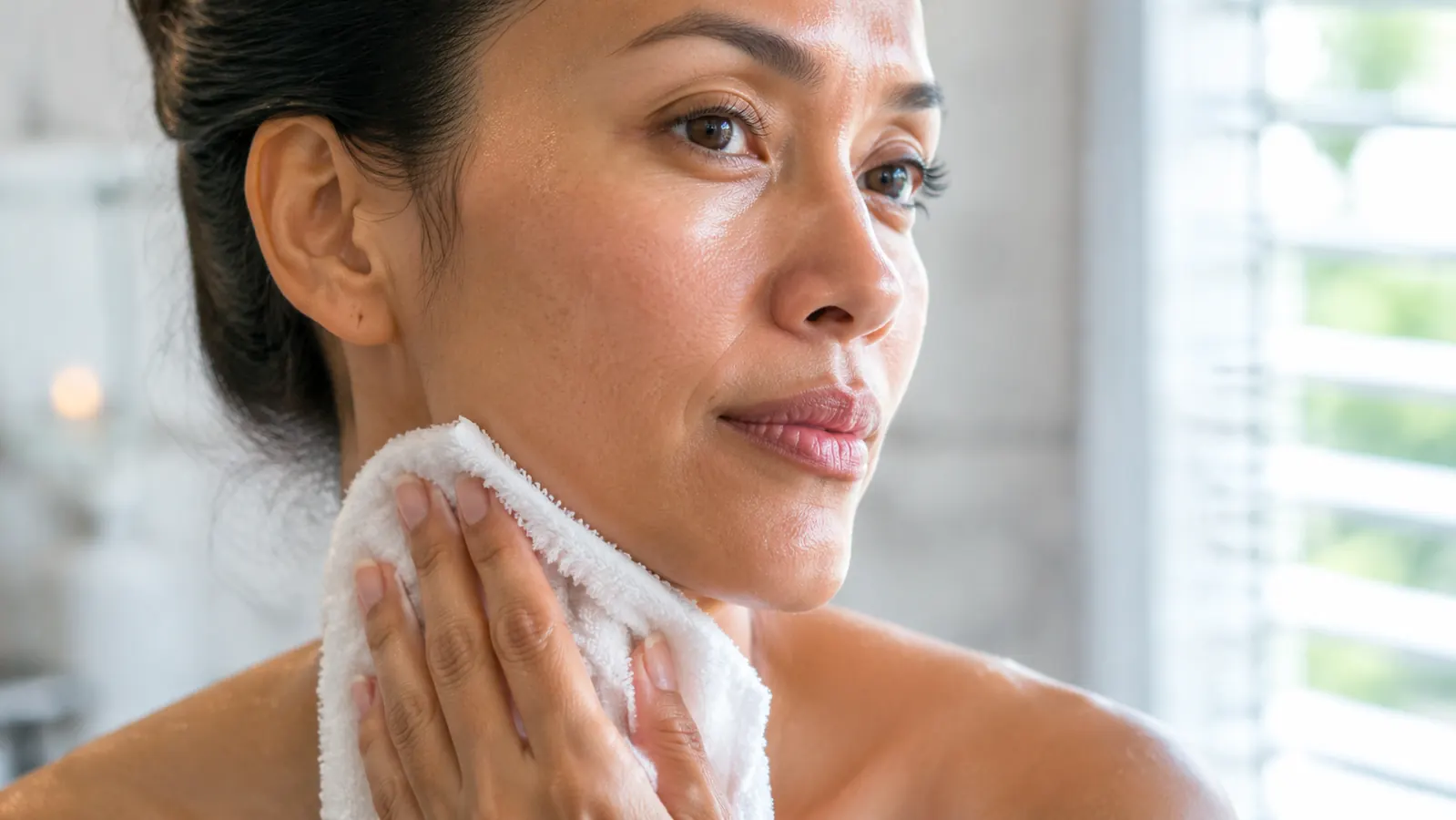 Close-up of clear, calm skin with no redness after washing, patted dry with a soft towel