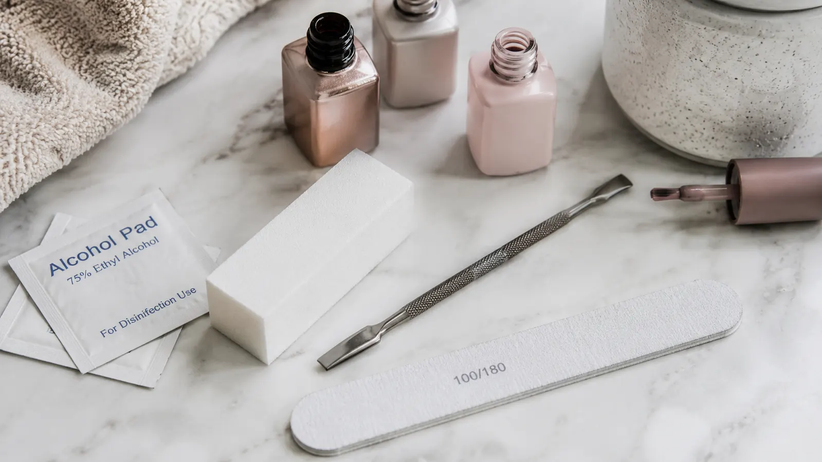 Flat lay of nail prep tools including buffer, cuticle pusher, and lint-free wipes next to the gel polish bottles