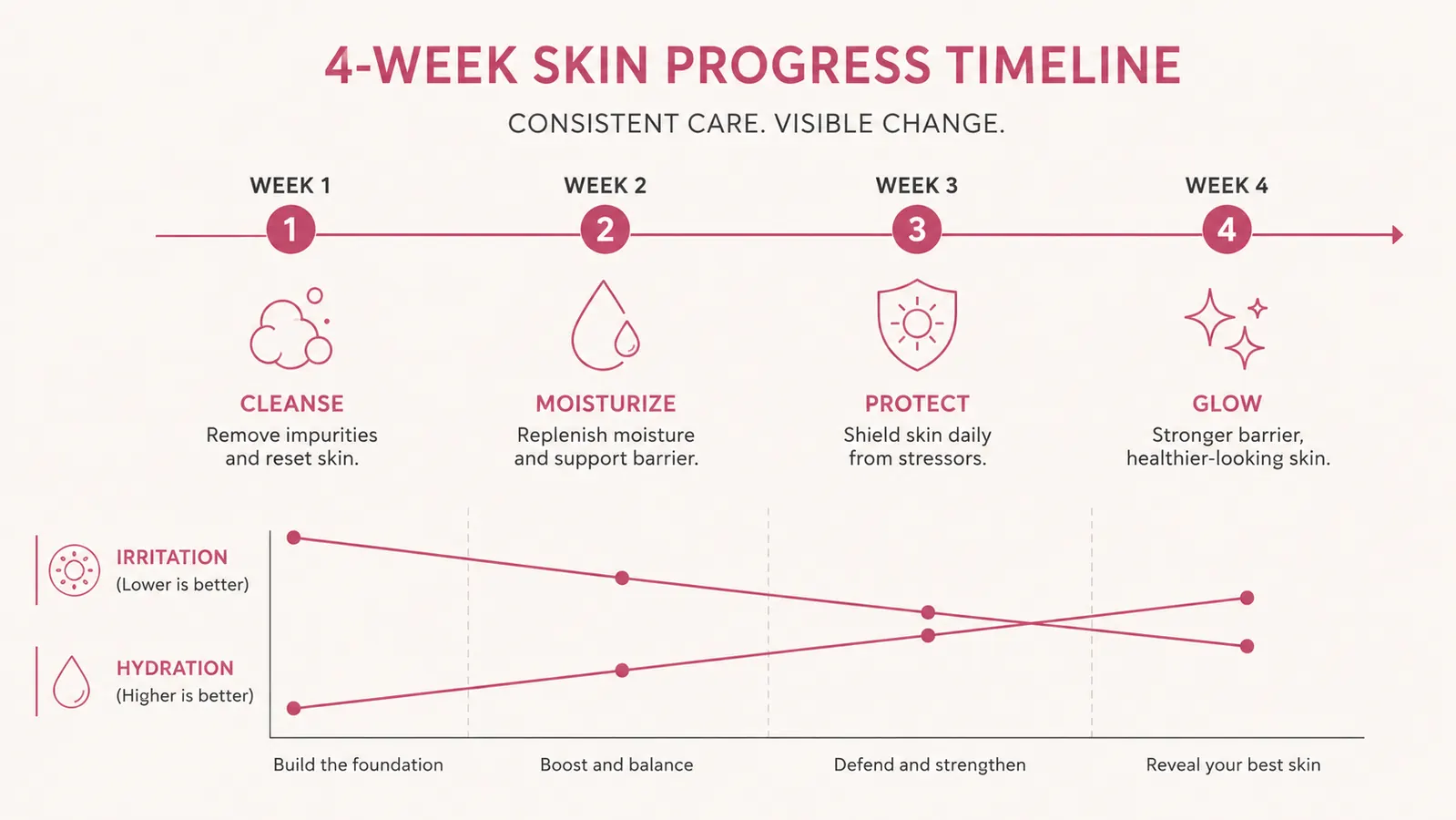Simple chart showing a 5 step skin barrier repair timeline over 4 weeks
