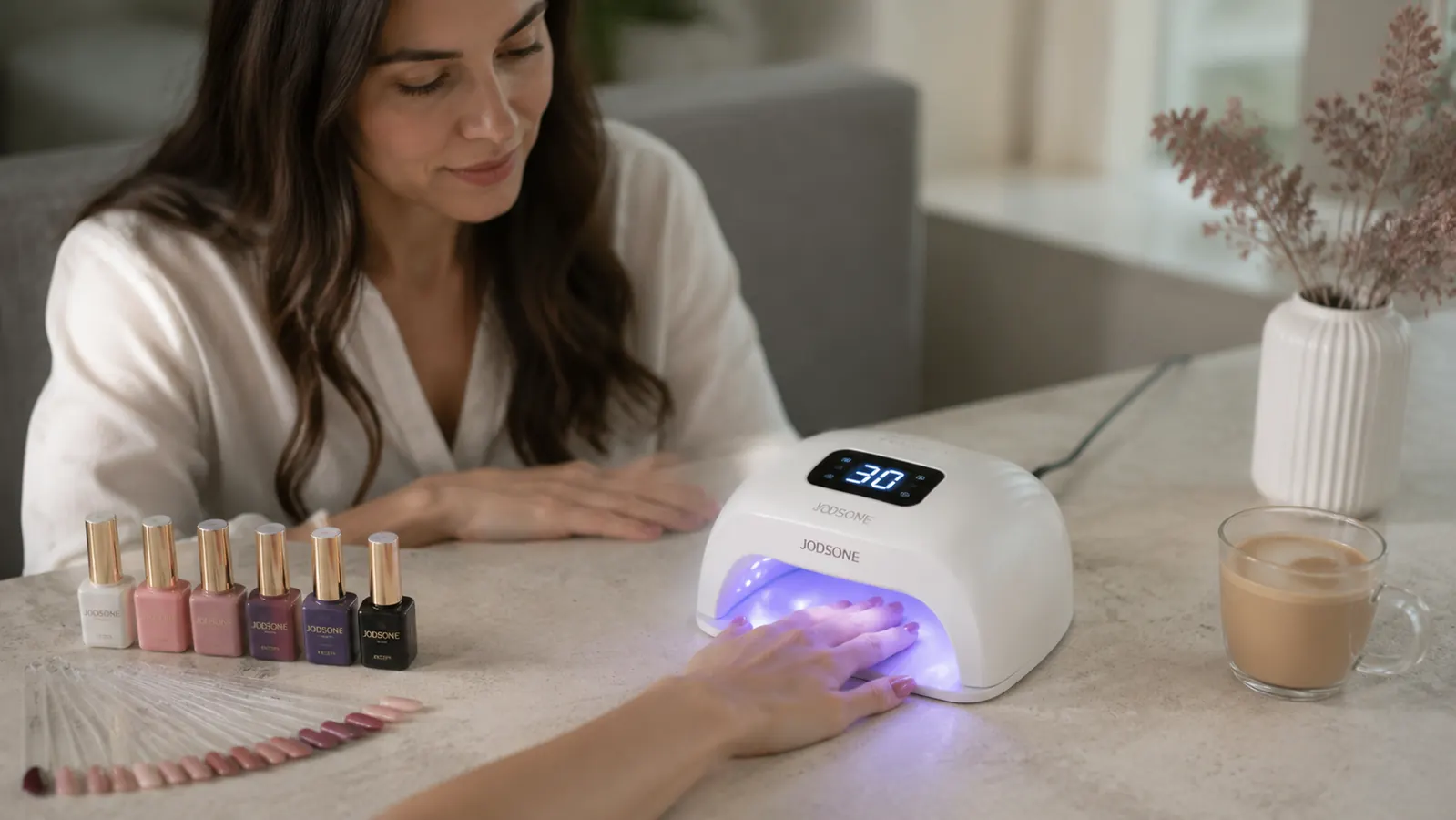 Hand curing a freshly painted nail under the open JODSONE UV lamp, timer display visible