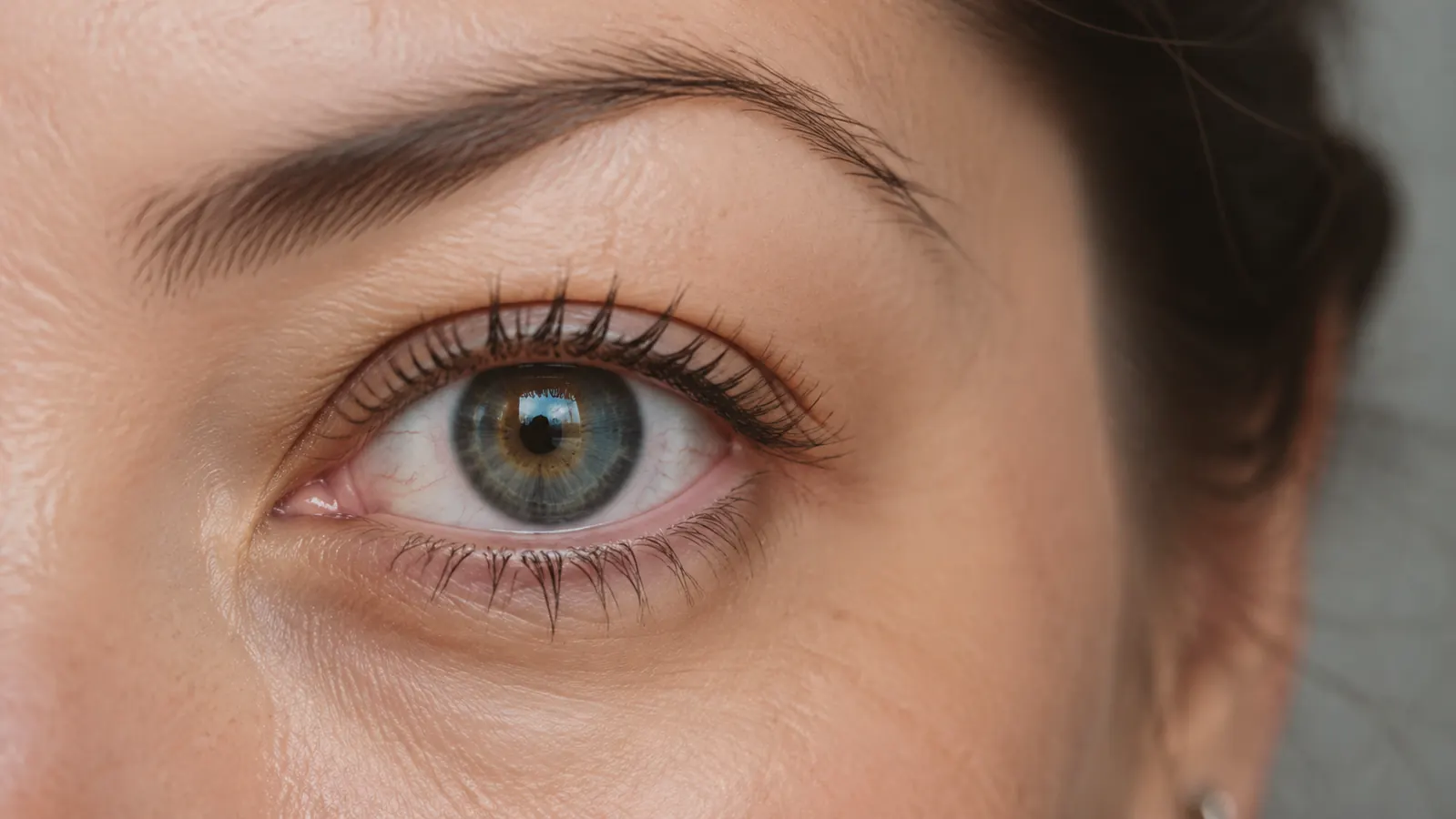 Close-up of natural, separated, lengthened lashes after one coat of mascara