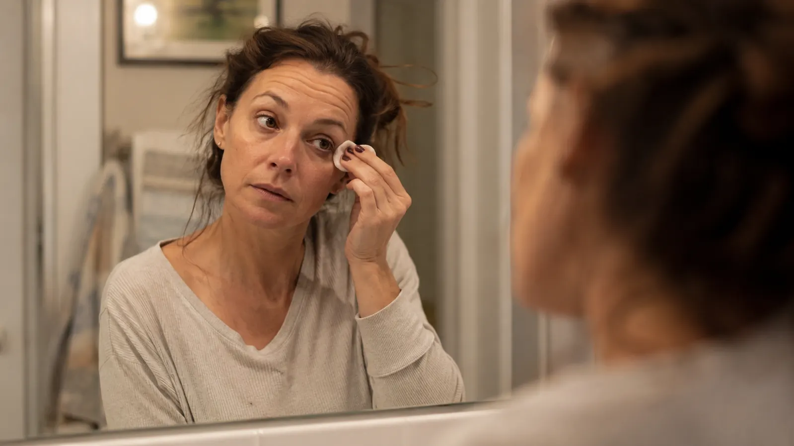 Woman removing mascara with a cotton pad in soft bathroom lighting at night