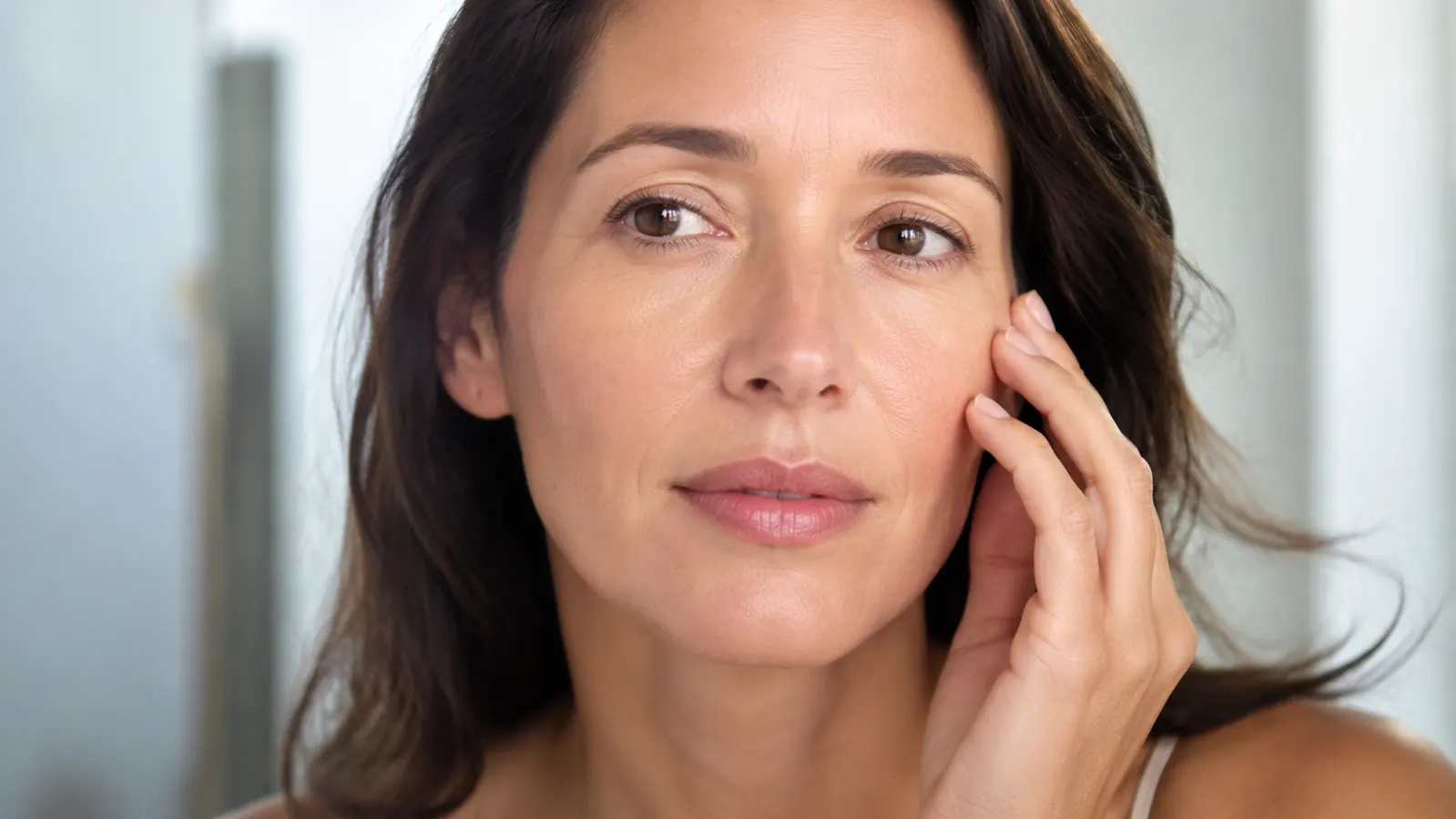 Close-up of calm, hydrated skin with no redness along the cheeks and nose
