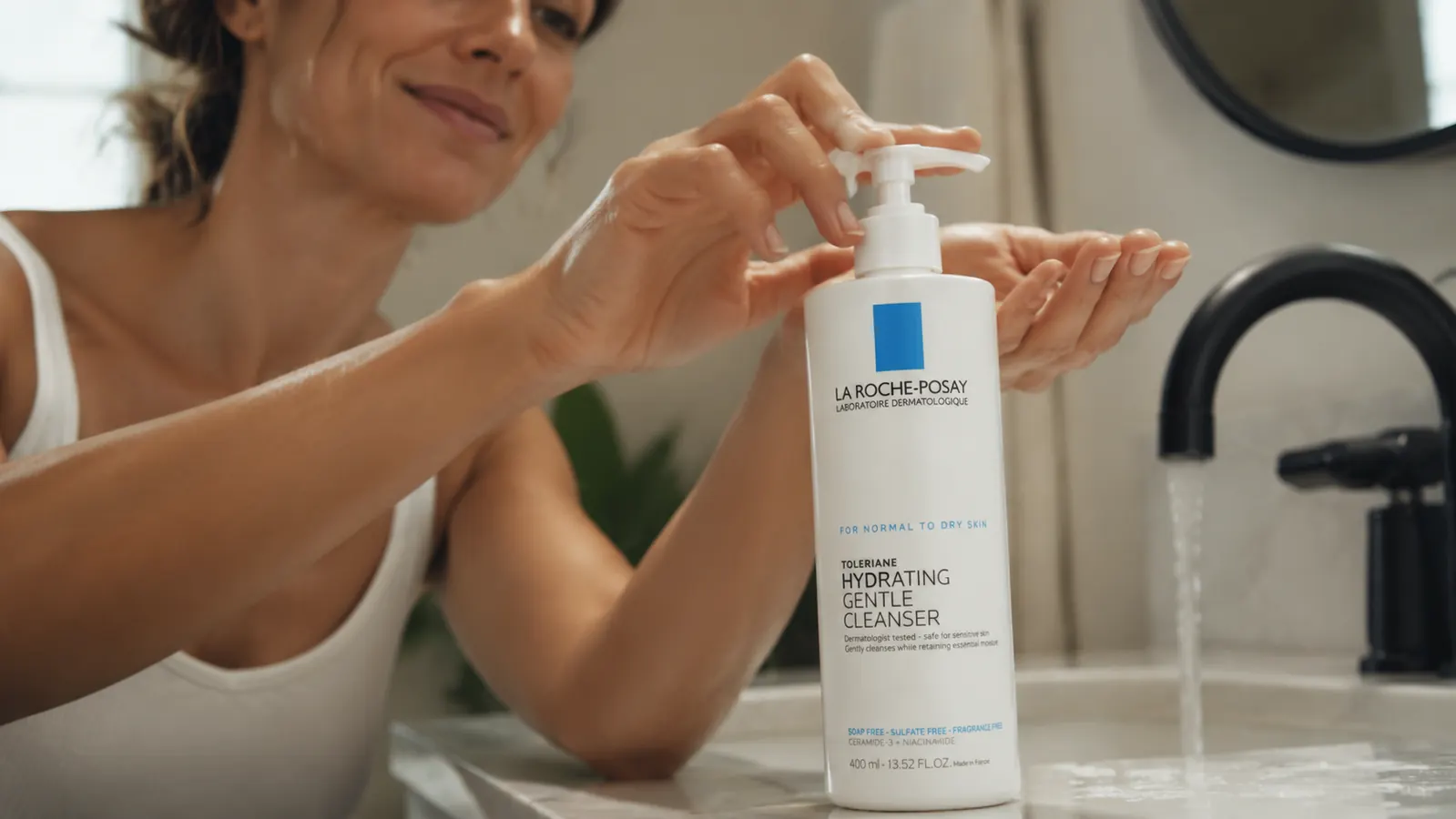 Hand pumping La Roche-Posay Toleriane cleanser onto fingertips over a sink