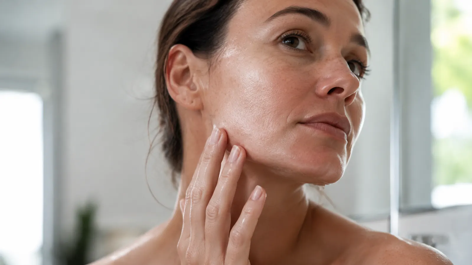 Close-up of clean, calm skin after cleansing, no makeup, soft even tone